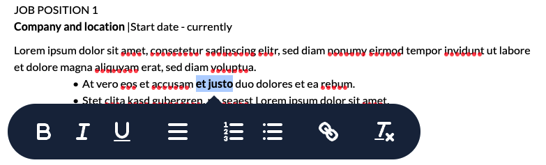 Menú de edición de texto de un resume PDF en onlineresume.us